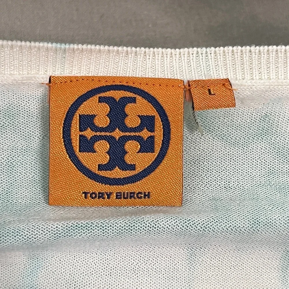 Tory Burch Cardigan Sweater Womens Large Green Tie Dye Knit Button‎ Front V-Neck